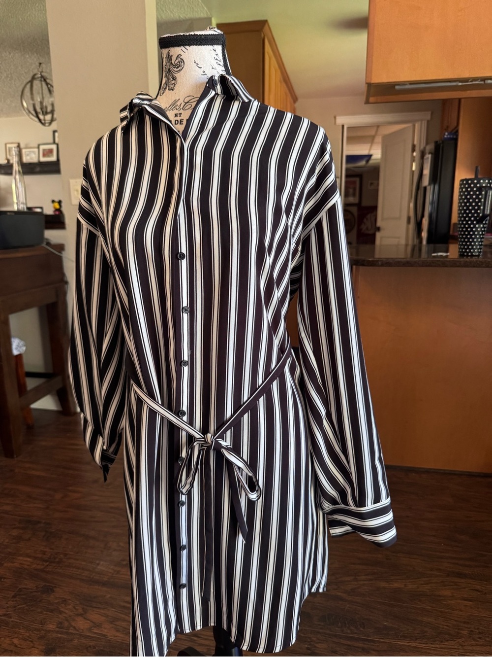 Express Black & White Vertical Stripe Long Sleeve Shirt Dress